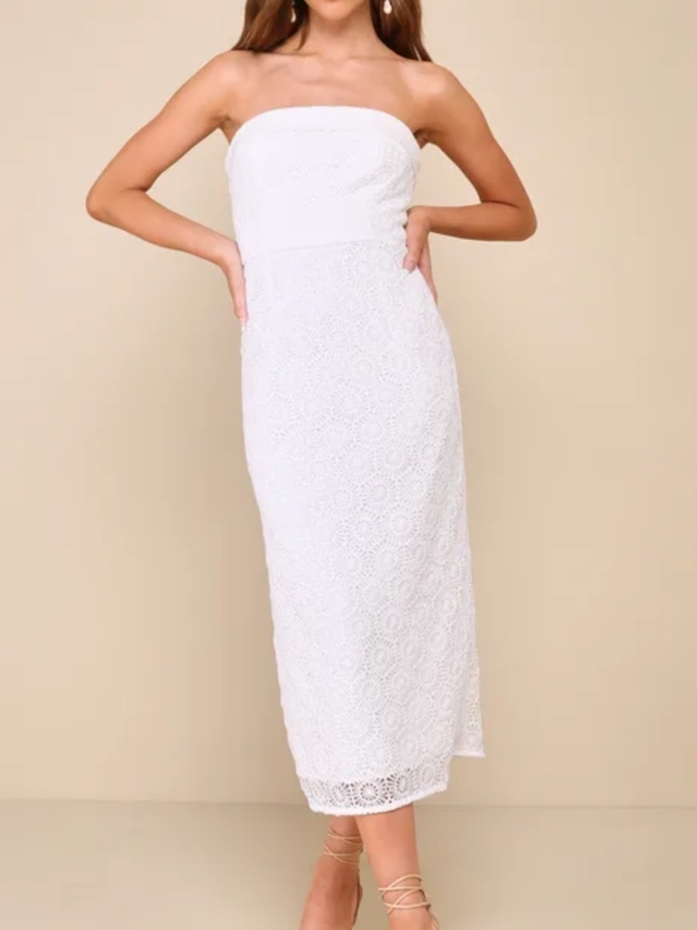 Lulus chic intent white strapless crochet midi dress